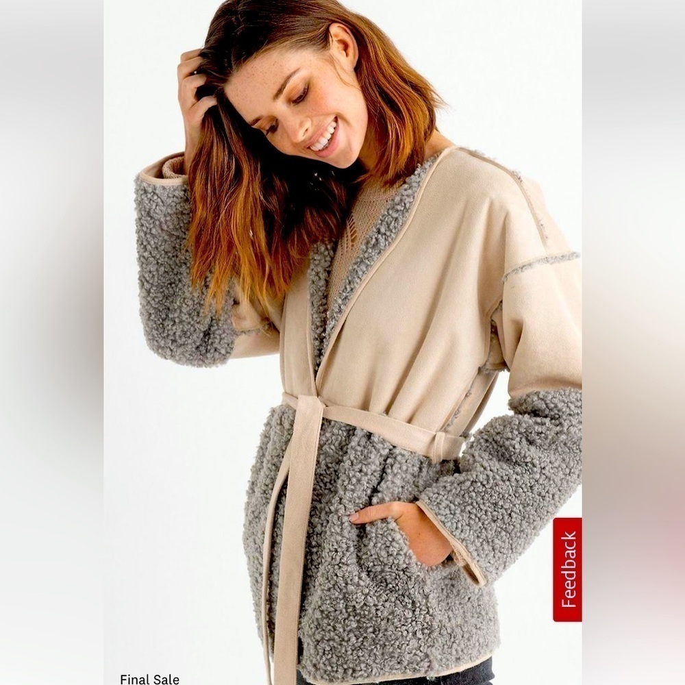 Lucky Brand Mixed Sherpa Wrap Jacket Small Faux Suede Tie Waist Color Block